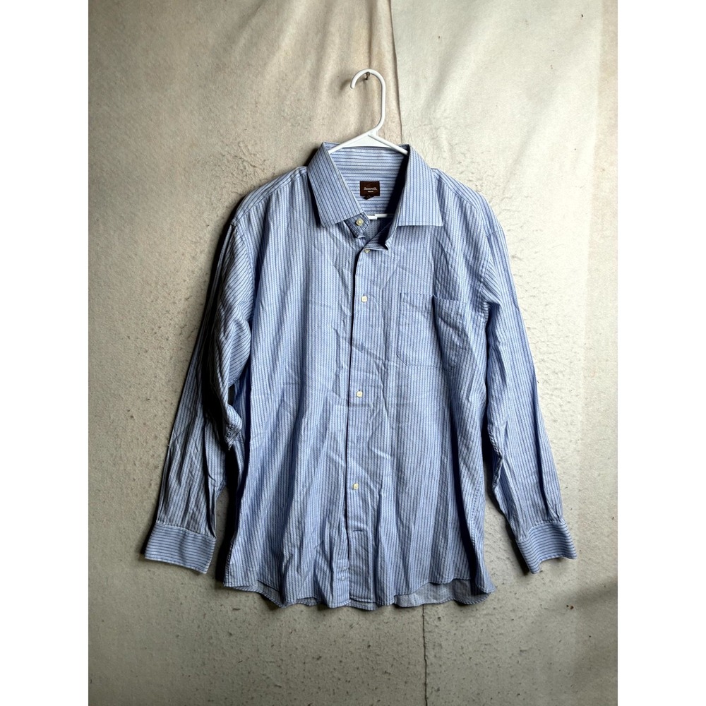 Santorelli Oxford Dress Shirt Mens L 17.5 Blue Striped Formal Business Button Up